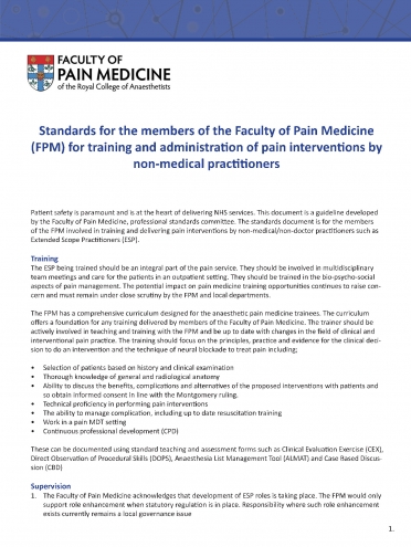 Cover image of Standards for members of the Faculty of Pain Medicine for training and administration of pain interventions by non-medical practitioners