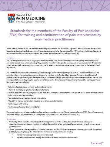 Cover image of Standards for members of the Faculty of Pain Medicine for training and administration of pain interventions by non-medical practitioners